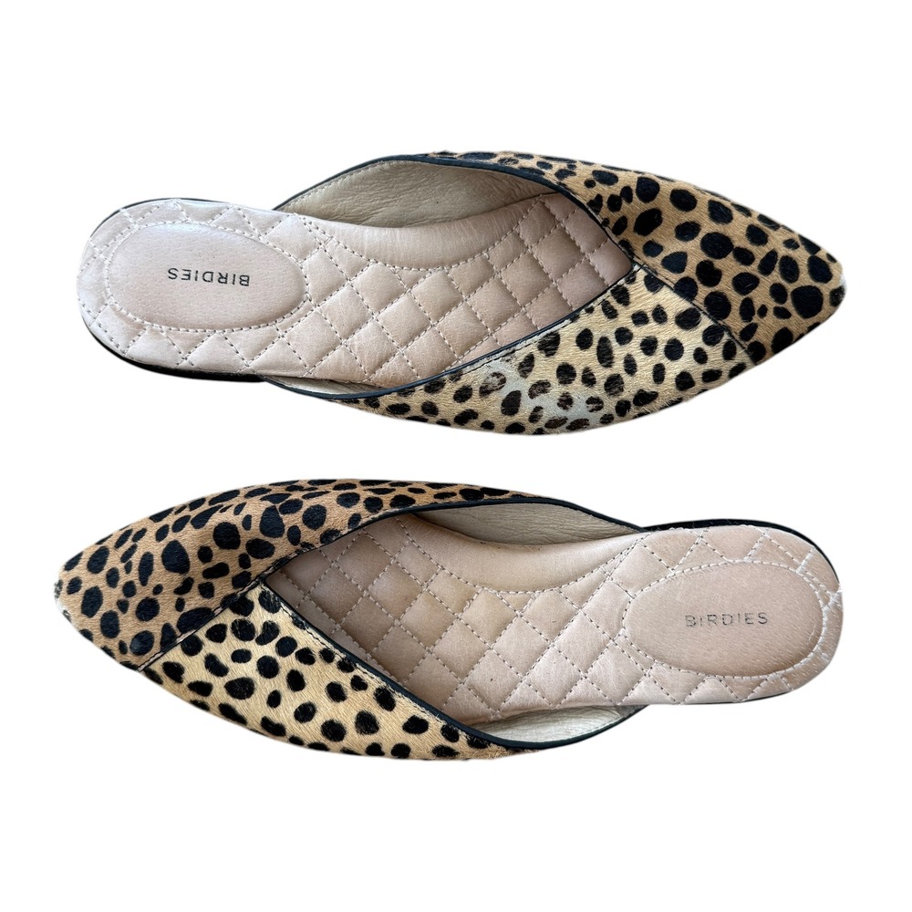 Birdies The Swan Mules Pointed Toe Calf Hair Cheetah Print Size 5.5 Tan Black